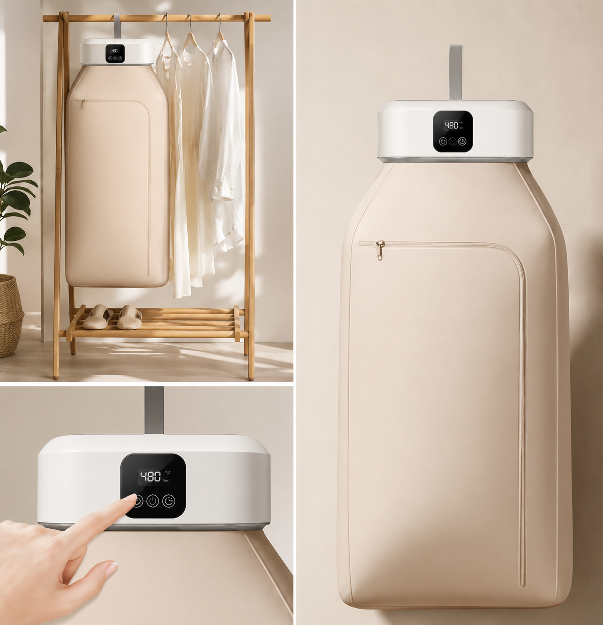 Detalles del secador colgante Lava Go: panel táctil y bolsa plegable