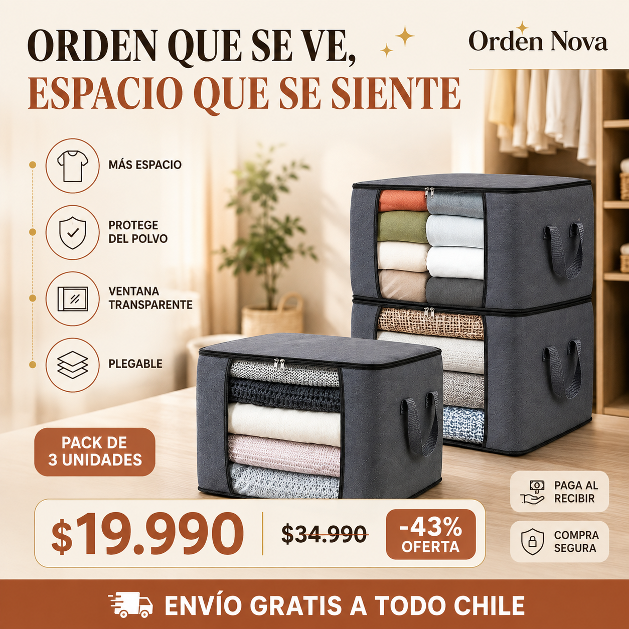 Orden Nova – Organizador plegable de ropa, pack de 3, oferta $19.990 envío gratis