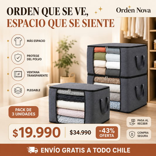 Orden Nova – Organizador plegable de ropa, pack de 3, oferta $19.990 envío gratis