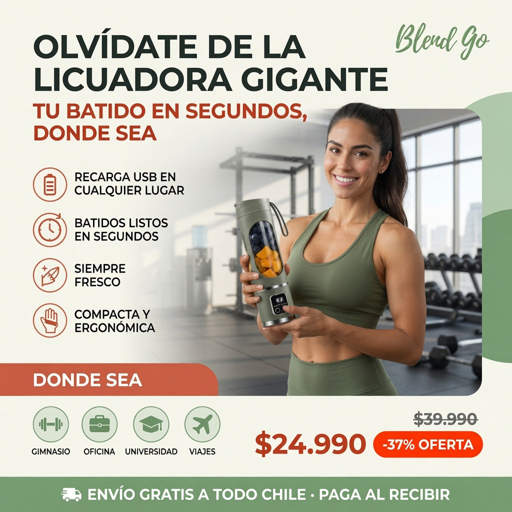 Blend Go licuadora portátil en el gimnasio, batido en segundos, oferta $24.990