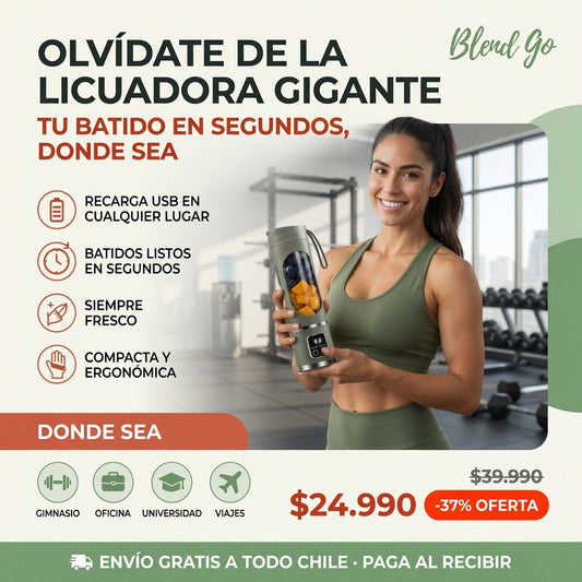Blend Go licuadora portátil en el gimnasio, batido en segundos, oferta $24.990
