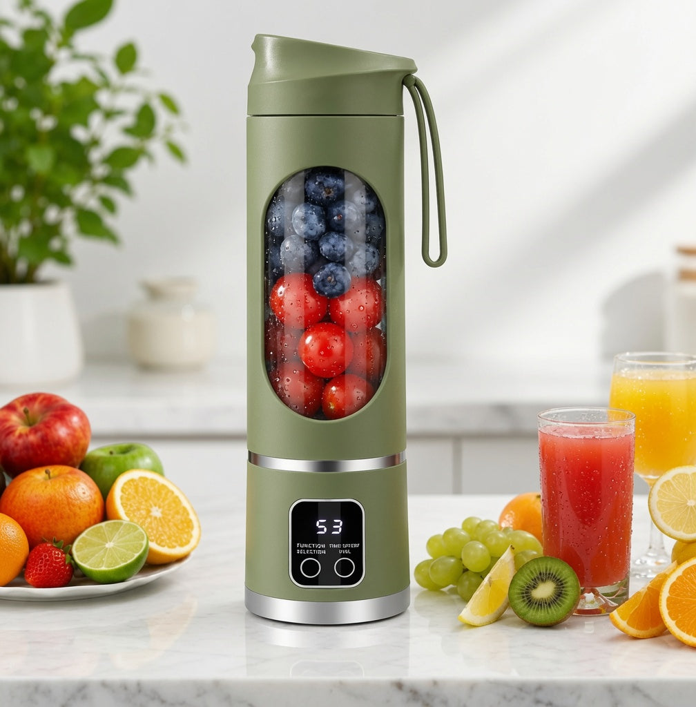 Blend Go licuadora portátil color verde con frutas